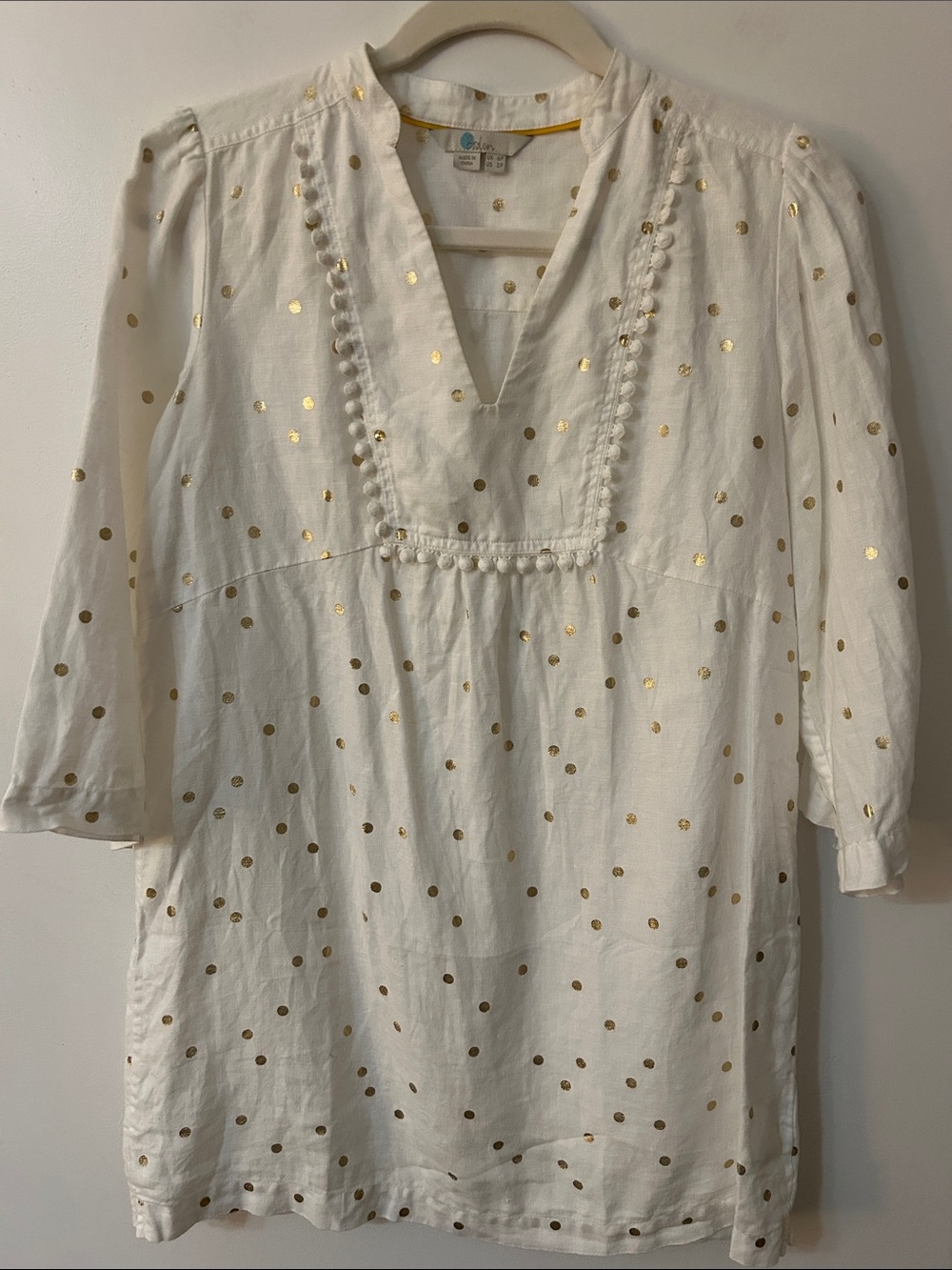 Boden Evangeline Linen Tunic Boho White with Gold Polka Dots Size 2P 3/4 Sleeve